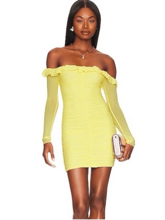 MAJORELLE Dresses & Skirts - Majorelle Gentille Lemon Yellow off-the-shoulder Ruched Mini Dress Women’s XS